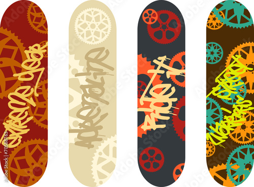 Vector skateboard design pack with graffiti tags and bike gears