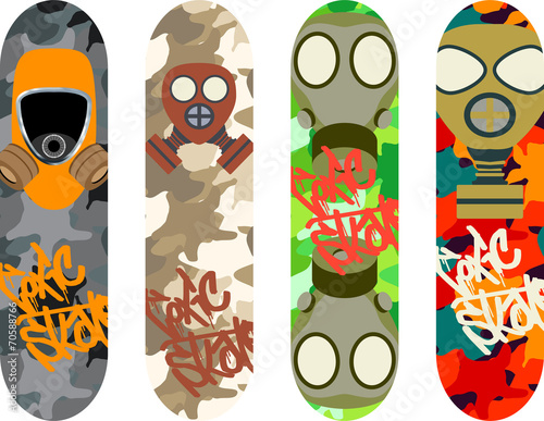 Vector skateboard design pack with gas masks