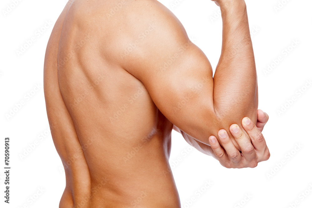 Man having pain in his elbow, isolated on white background