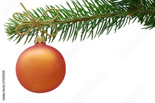 Christmas bauble and spruce branch on white background