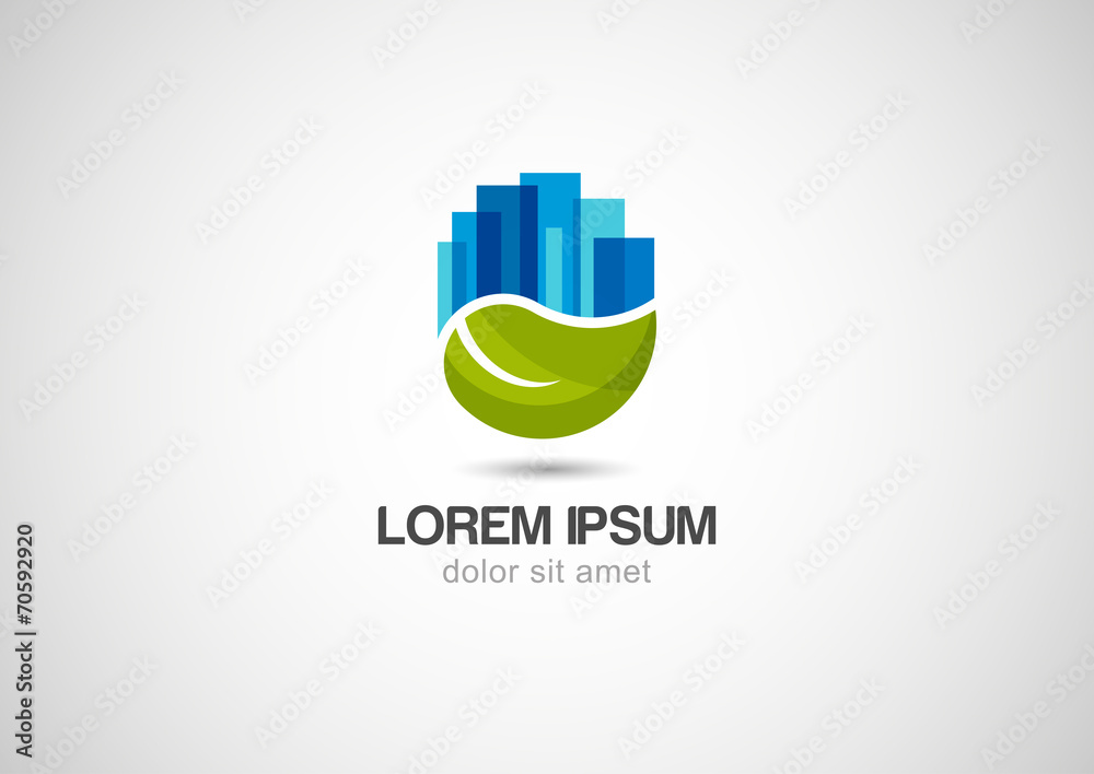 green leaf with city silhouette. Vector ecology logo template green leaf with city silhouette. Vector ecology logo template