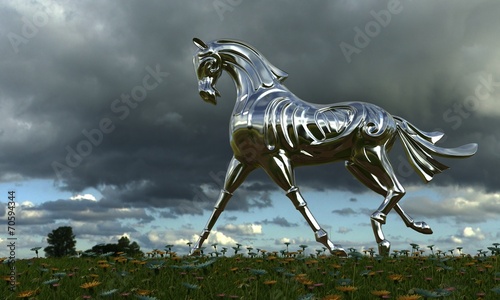 Metal horse on a meadow