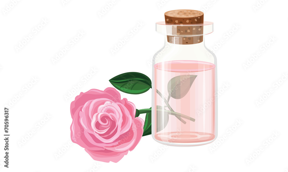 Rose oil in a glass bottle - obrazy, fototapety, plakaty 