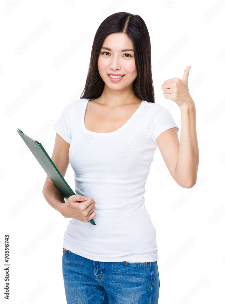 Asian woman with clipboard and thumb up Asian woman with clipboard and thumb up