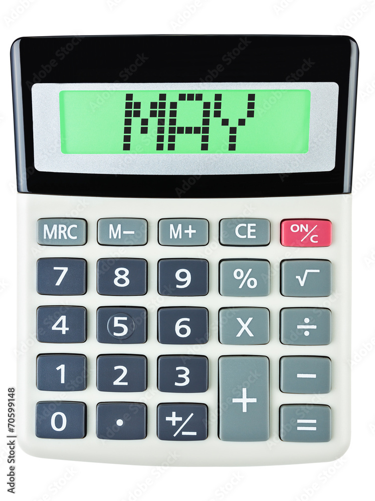 Calculator with MAY on display isolated on white background Calculator with MAY on display isolated on white background
