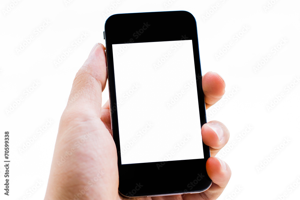 Close-up hand holding smart phone isolated on white background