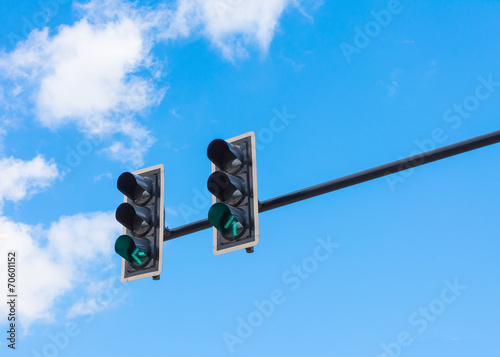 image of traffic light, the green light is lit. symbolic  for go