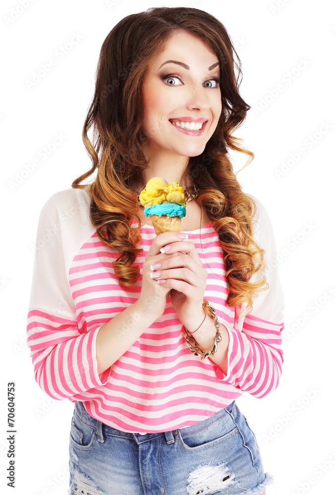 Friendly Woman Holding Ice Cream and Smiling Friendly Woman Holding Ice Cream and Smiling
