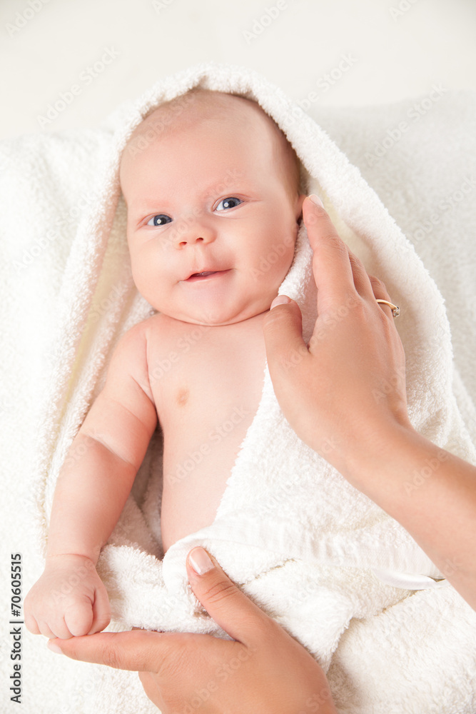 cute happy little baby hidden in white towels cute happy little baby hidden in white towels