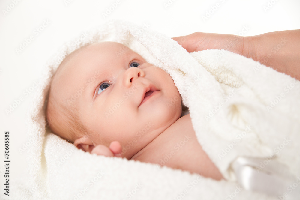 cute happy little baby hidden in white towels cute happy little baby hidden in white towels