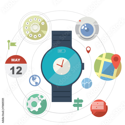 Smart watch concept with icons in modern flat design