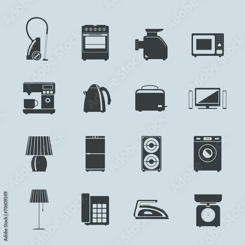 Set of household appliances silhouette icons