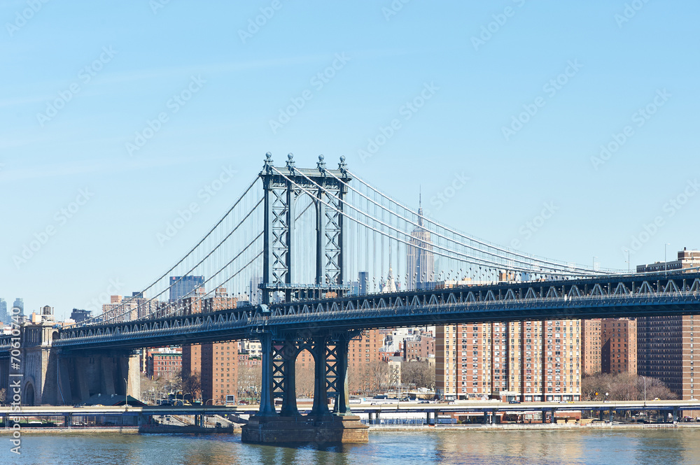 Manhattan Bridge and skyline view from Brooklyn Bridge