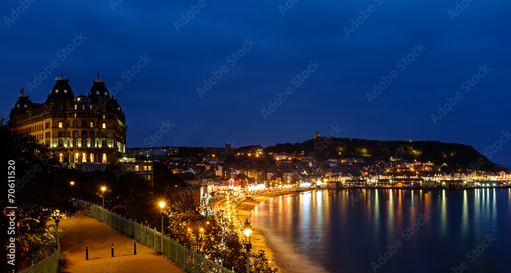 Scarborough Grand Hotel and harbour at night