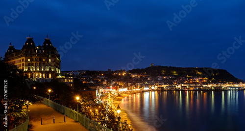 Scarborough Grand Hotel and harbour at night photo
