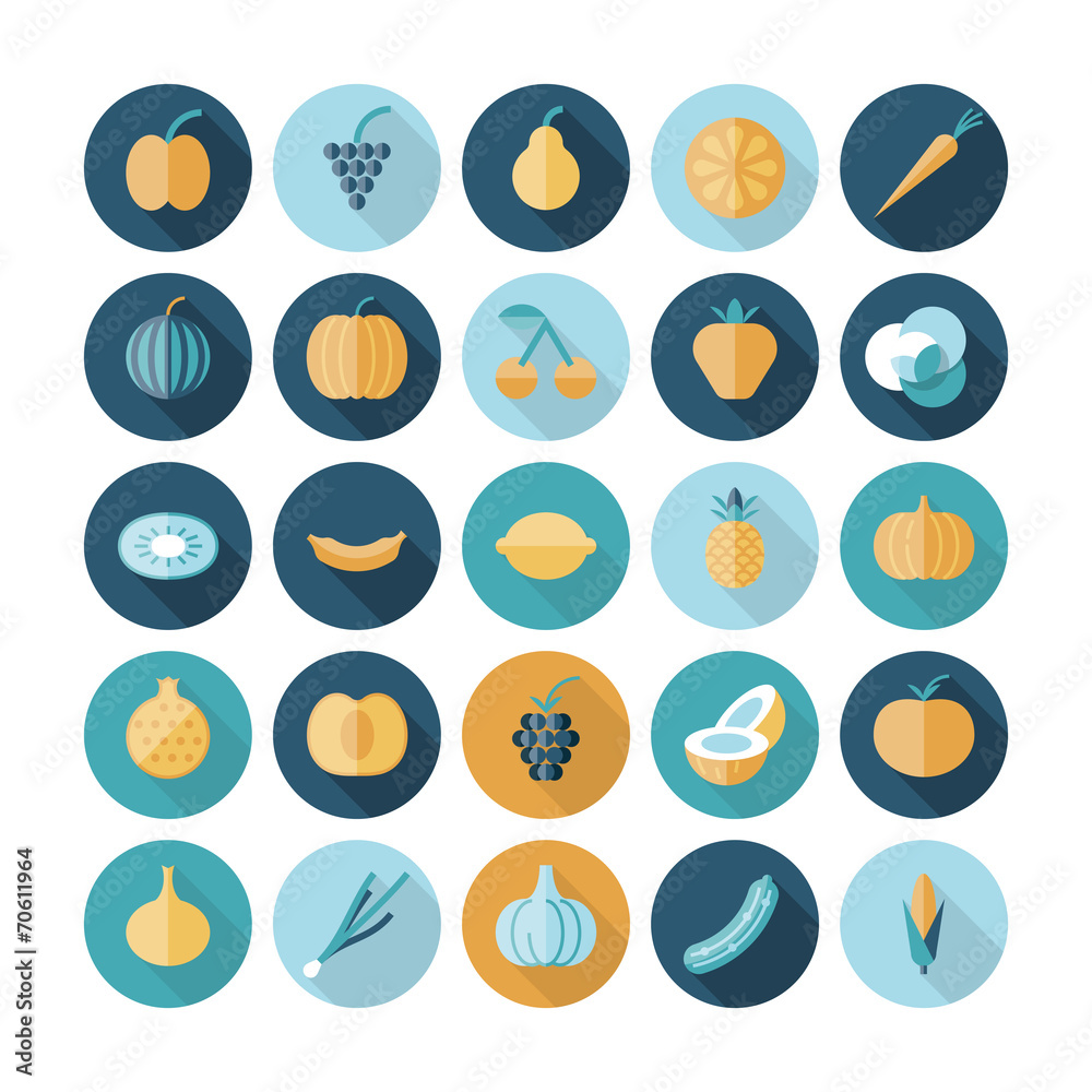 Flat design icons for fruits and vegetables. Flat design icons for fruits and vegetables.