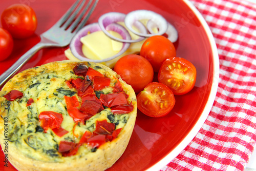 Colorful Healthy lunch. Quiche, cheese, tomatoes, red onion.