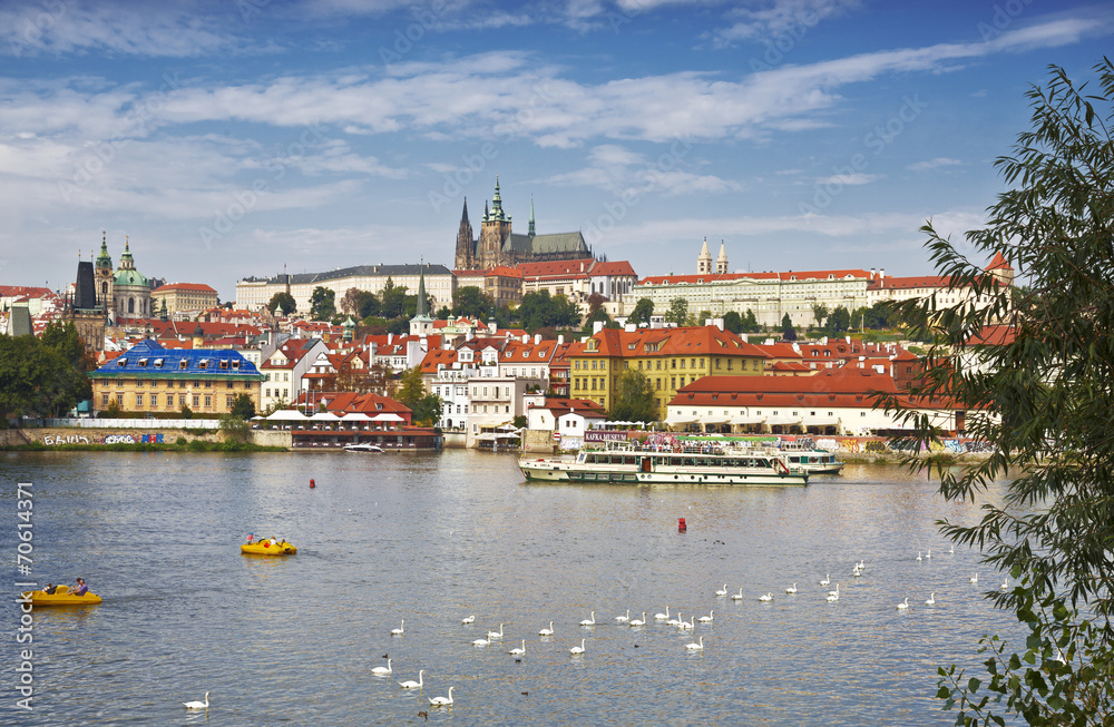 View of Prague,  Vltava river, St. Vitus cathedral