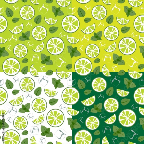Pattern with lime slices, ice cubes and mint