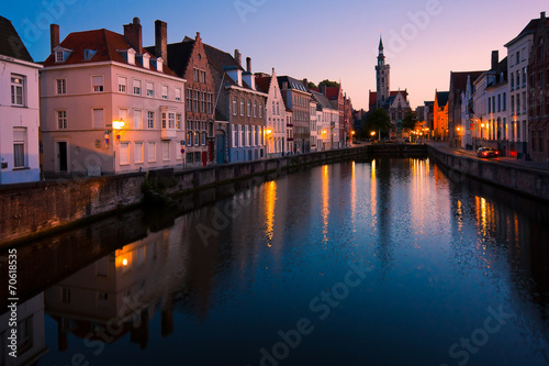 View of a canal in Bruges at twilight