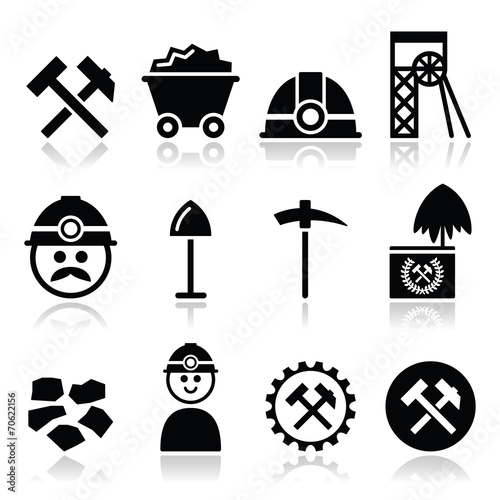 Coal mine, miner icons set