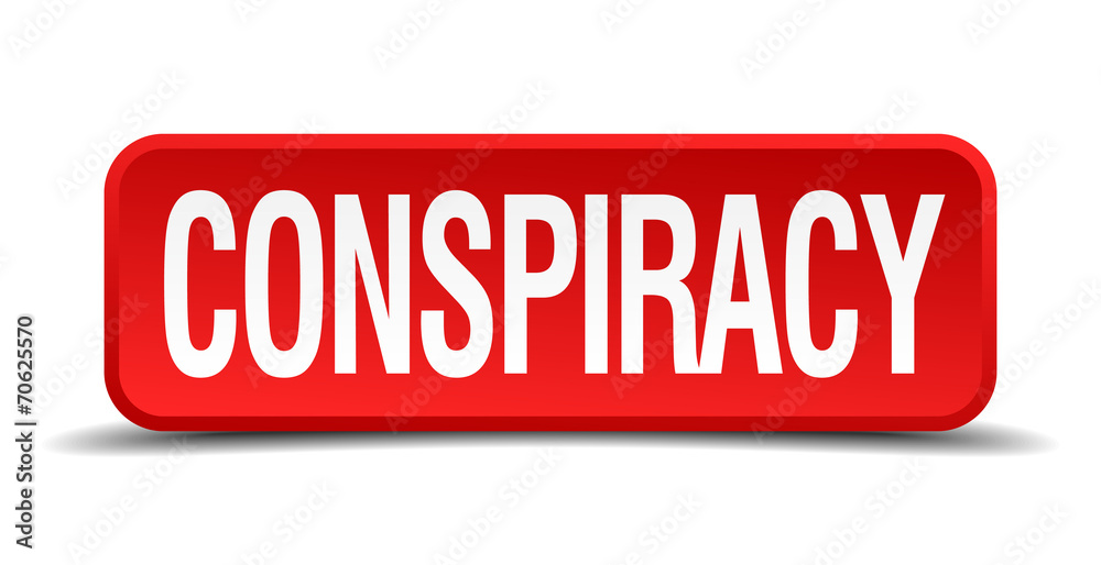 Conspiracy red square button isolated on white background Conspiracy red square button isolated on white background