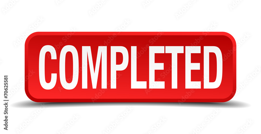 Completed red square button isolated on white background Completed red square button isolated on white background