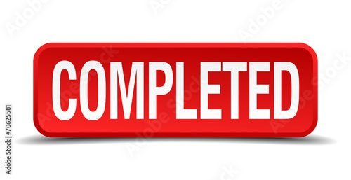 Completed red square button isolated on white background