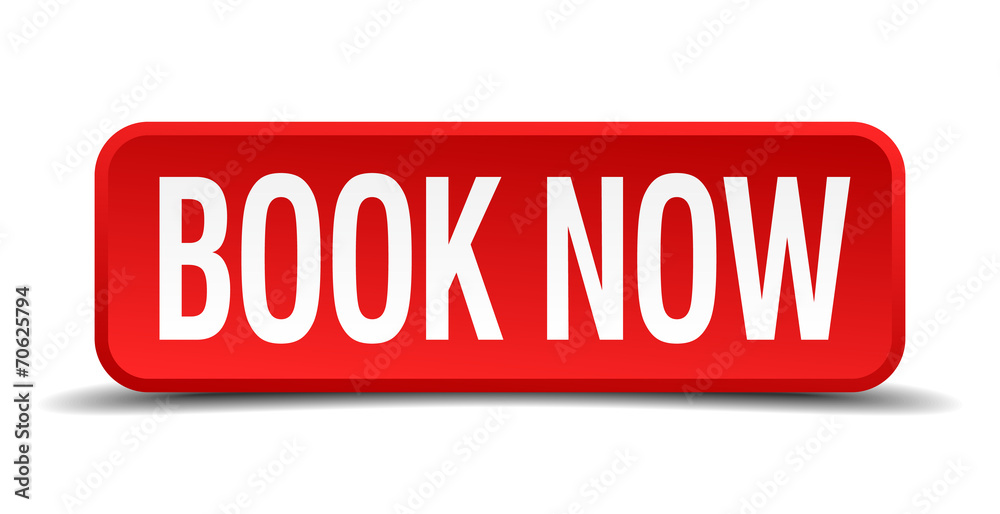 Book now red square button isolated on white background Book now red square button isolated on white background