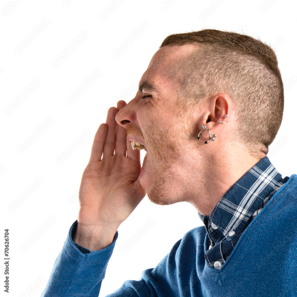 Fototapeta premium Man shouting over isolated white background