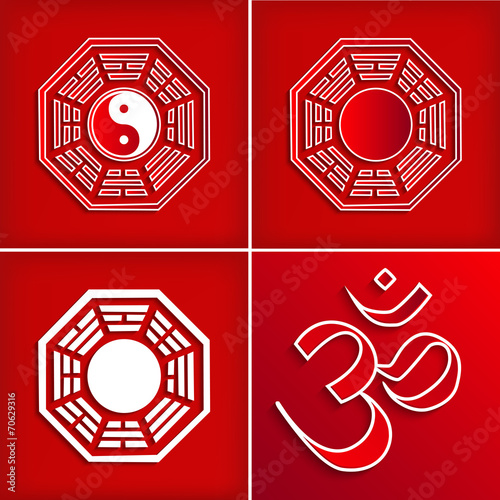 Chinese religion symbol set on red - vector illustration