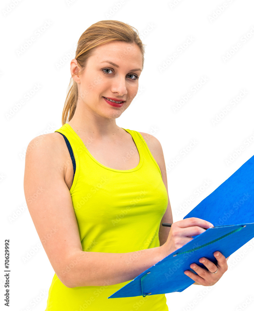 woman hold a folder of papers and write