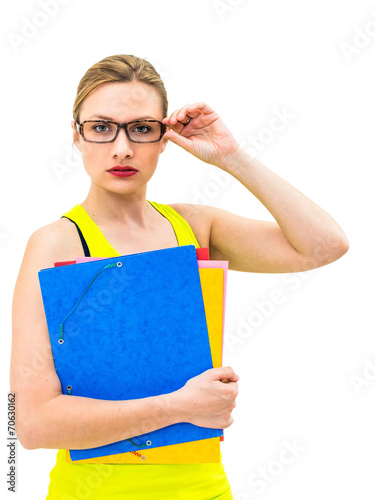 woman with a folder on a white background