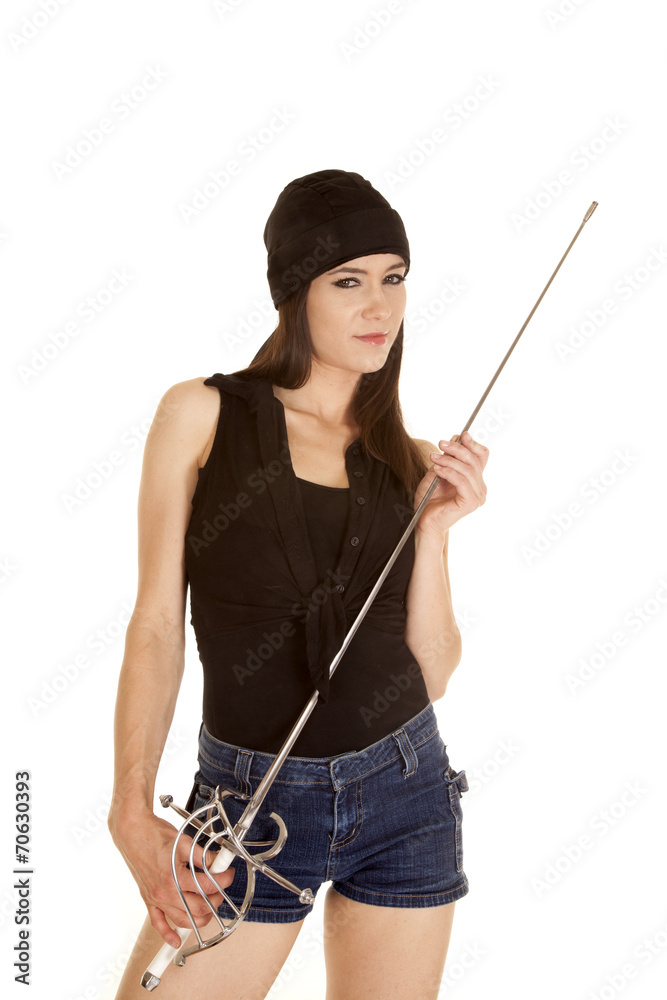 woman pirate with sword in hand looking