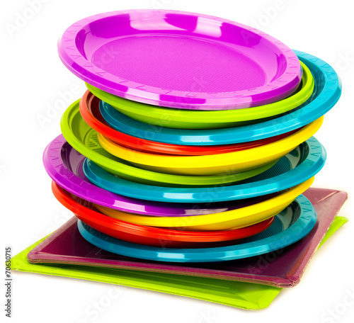 Disposable bright plastic plates stacked