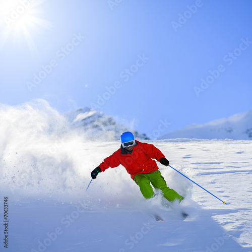 Skiing, Skier, Freeride in fresh powder snow