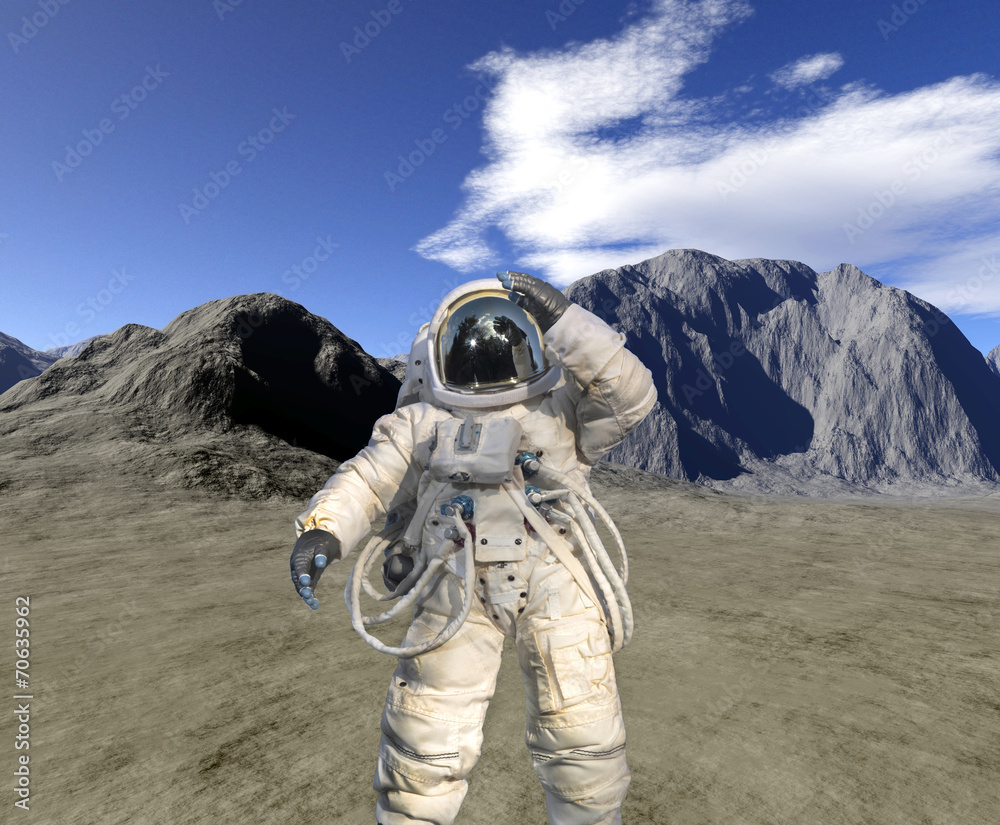Digital render of landscape with astronaut
