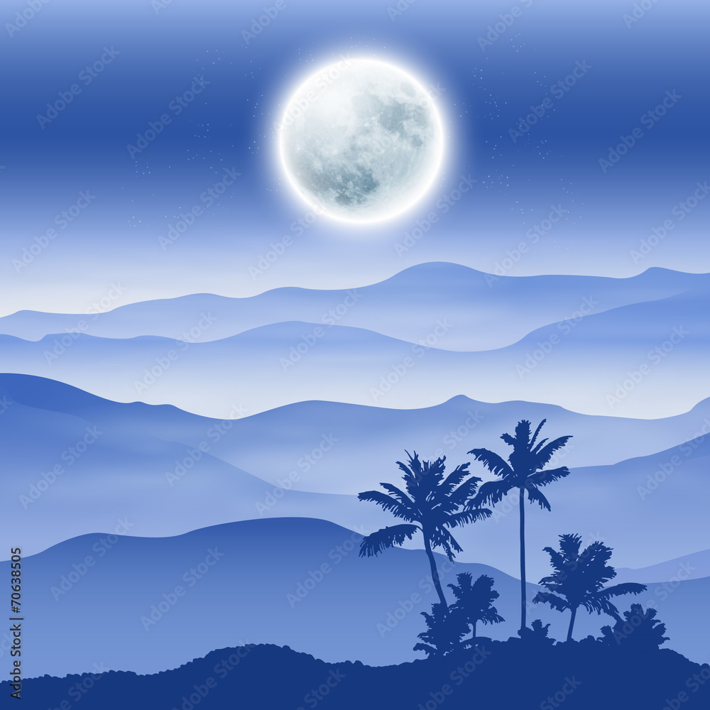 Background with fullmoon, palm tree and mountains in the fog