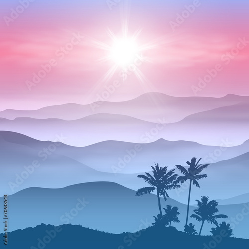 Background with palm tree and mountains in the fog © hamara