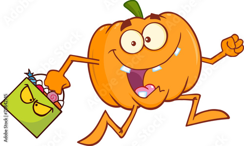 Goofy Halloween Pumpkin Character Running With Bag Of Candy