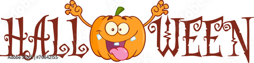 Halloween Text With Scaring Pumpkin Cartoon Character