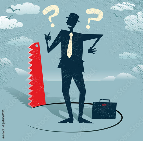 Abstract Businessman has Ground cut beneath him.