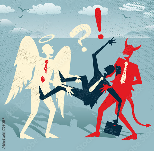 Abstract Businessman in Good versus Evil Tug of War.