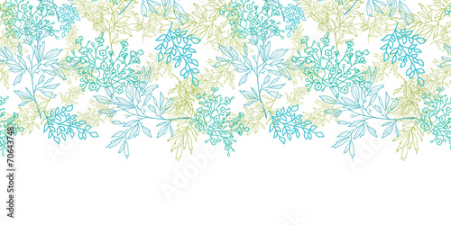 Scattered blue green branches horizontal seamless pattern