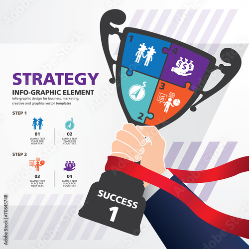 info graphic Template with Businessman holding a champion trophy