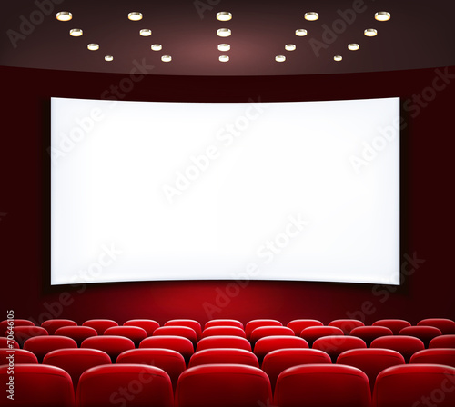 Cinema with white screen and seats. Vector.