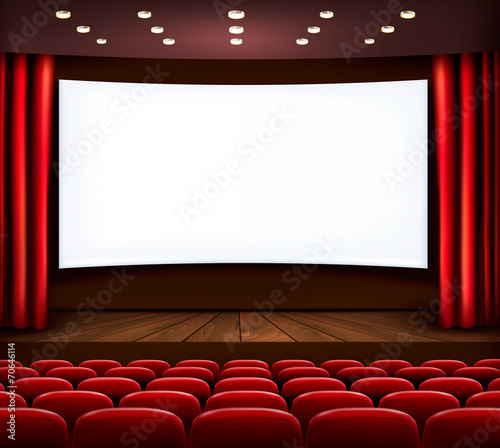 Cinema with white screen, curtain and seats. Vector.