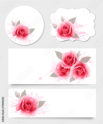 Set of gift cards and banners with beautiful flowers. Vector.