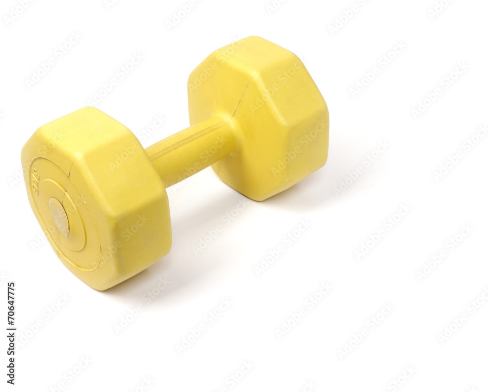 Yellow plastic coated dumbell isolated on white Yellow plastic coated dumbell isolated on white