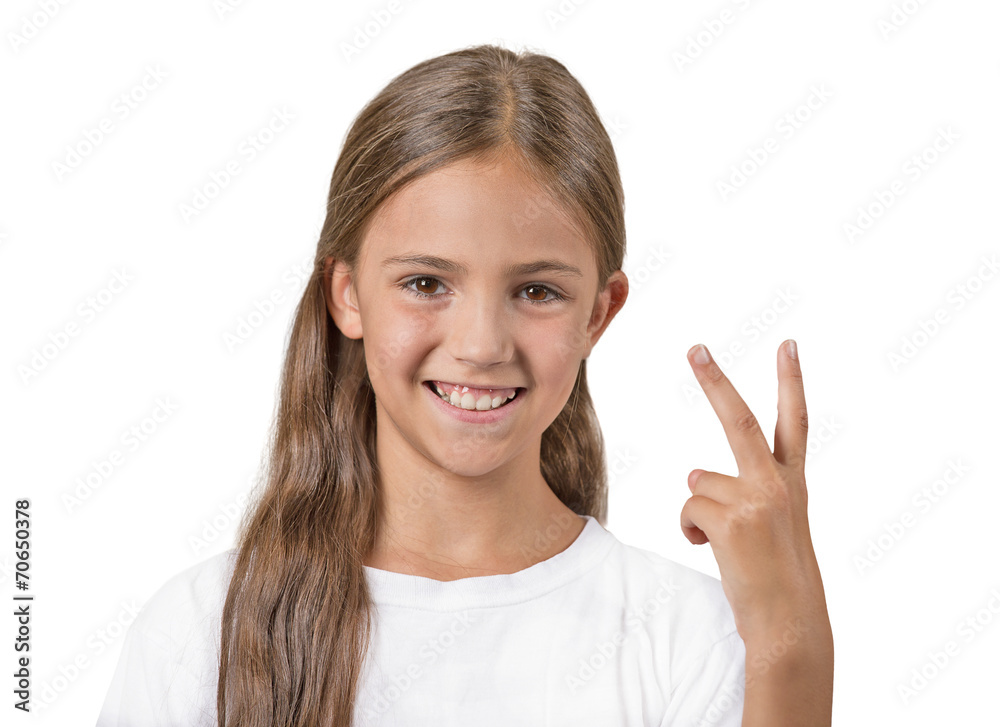 happy teenager girl giving showing number two, victory sign happy teenager girl giving showing number two, victory sign